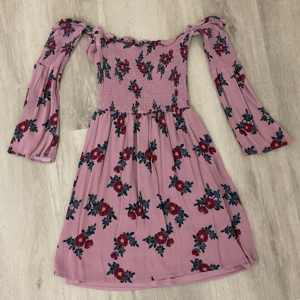 Love First Sight Floral Smocked Mini Dress Pink Boho Off Shoulder Lace Up Small